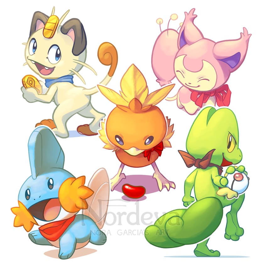 meowth, torchic, mudkip, treecko, and skitty (pokemon and 1 more) drawn by nordeva