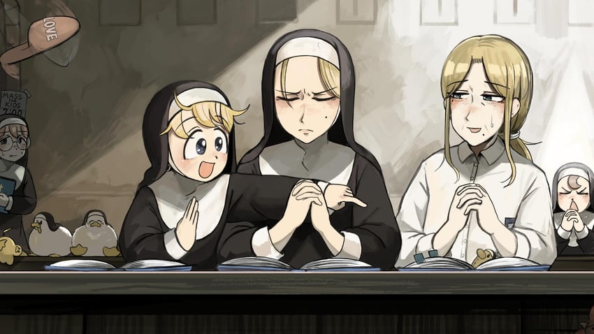 clumsy nun, froggy nun, strict nun, glasses nun, and strict nun's mother (little nuns) drawn by diva_(hyxpk)