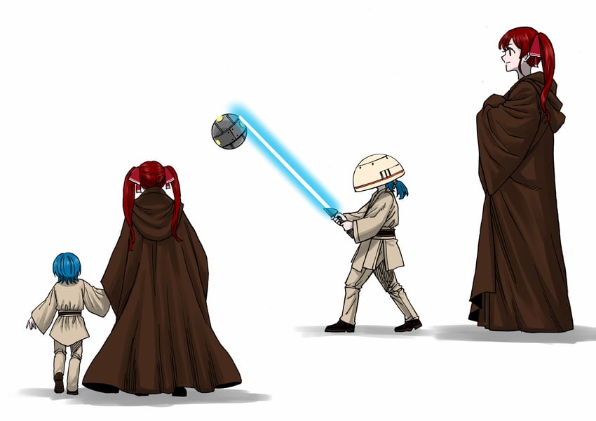 houshou marine, hiodoshi ao, anakin skywalker, and qui-gon jinn (hololive and 3 more) drawn by takayama_akira