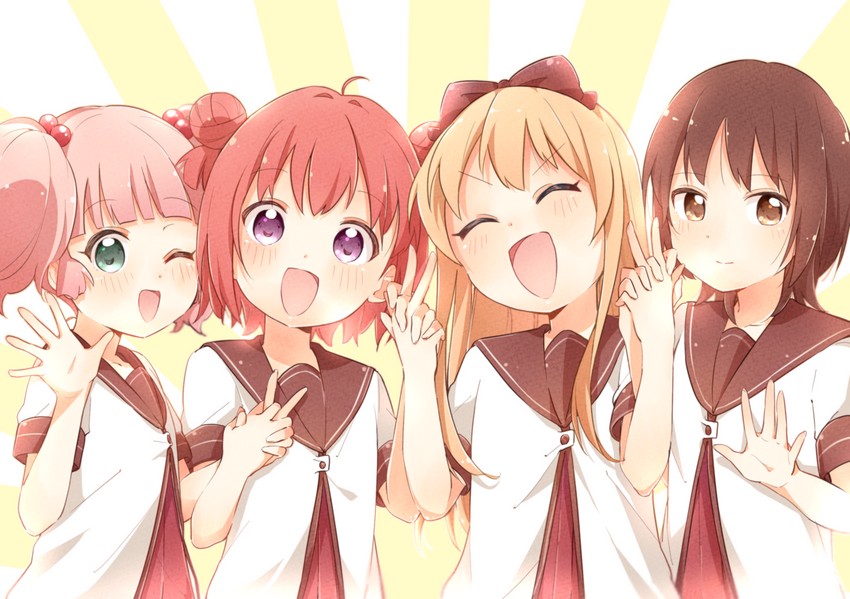 toshinou kyouko, akaza akari, funami yui, and yoshikawa chinatsu (yuruyuri) drawn by bafarin