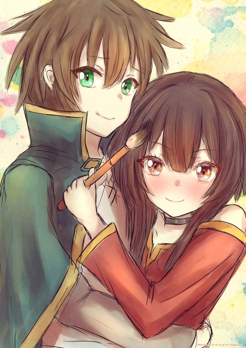 megumin and satou kazuma (kono subarashii sekai ni shukufuku wo!) drawn by seikacopiyo