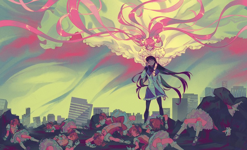 akemi homura, kaname madoka, and ultimate madoka (mahou shoujo madoka magica) drawn by jjemstones