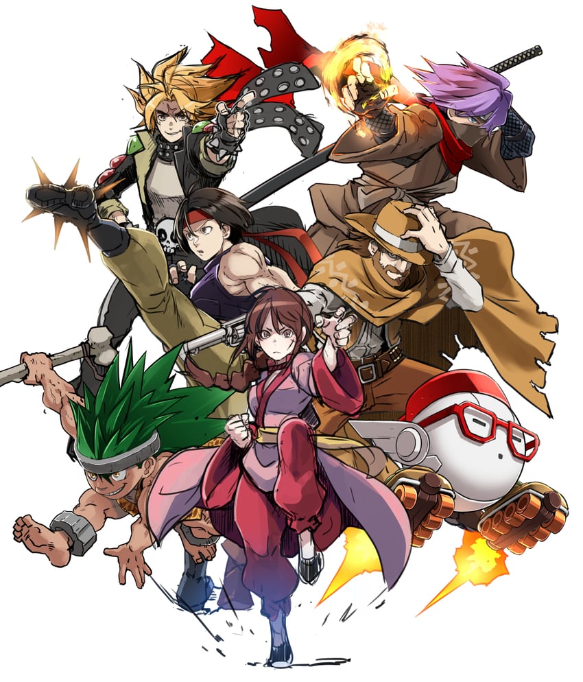 lei kuugo, tadokoro akira, takahara masaru, cube, oboro-maru, and 2 more (live a live) drawn by butcha-u