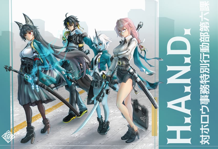 hoshimi miyabi, tsukishiro yanagi, soukaku, and asaba harumasa (zenless zone zero) drawn by hiro_gxan5583