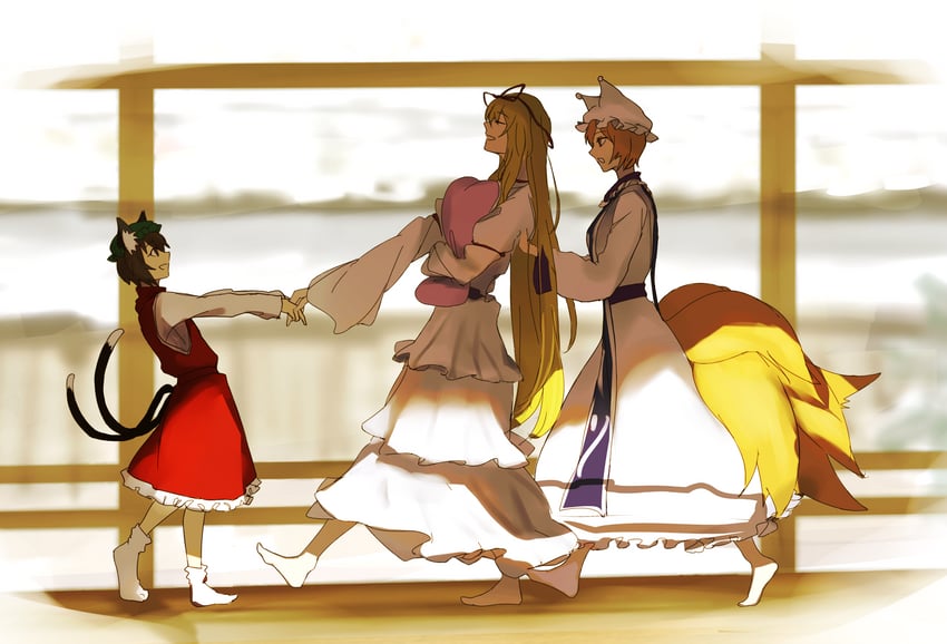 yakumo yukari, yakumo ran, and chen (touhou) drawn by jiienu