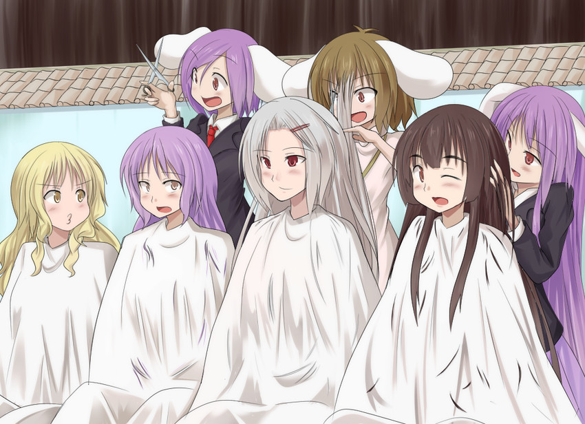 reisen udongein inaba, houraisan kaguya, inaba tewi, yagokoro eirin, watatsuki no yorihime, and 2 more (touhou) drawn by shamisen_(syami_sen)