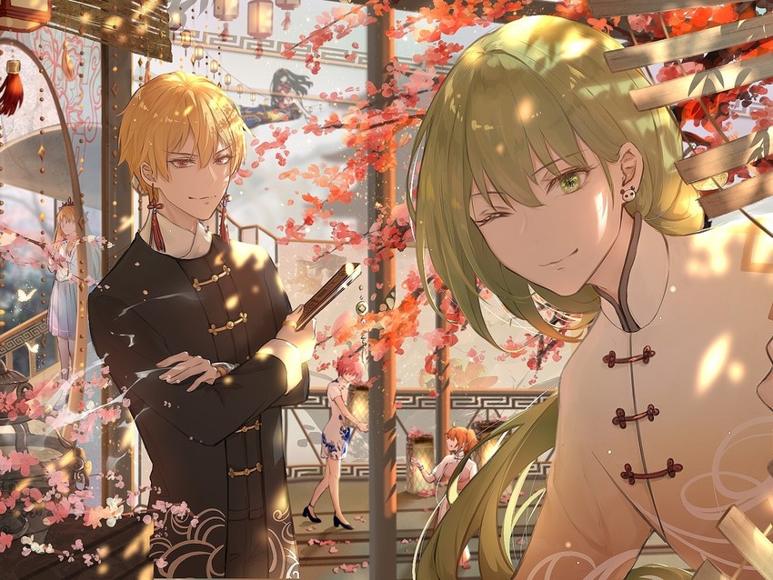mash kyrielight, fujimaru ritsuka, gilgamesh, ereshkigal, and enkidu (fate and 1 more) drawn by nanako_(user_zcmj5835)