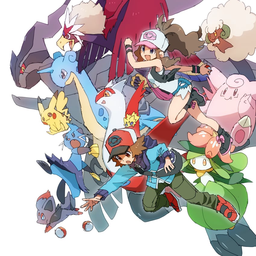 pikachu, hilda, hilbert, latias, lapras, and 8 more (pokemon and 1 more) drawn by nyagiratwist