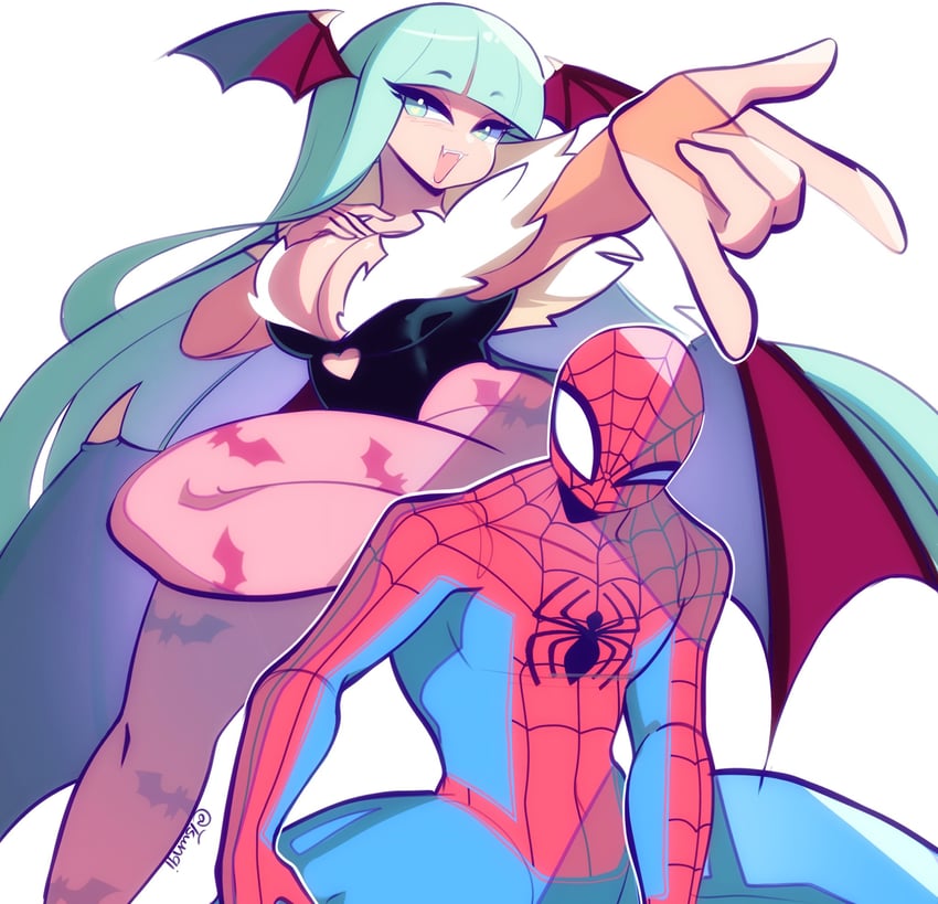 morrigan aensland and spider-man (marvel and 3 more) drawn by tsunqi