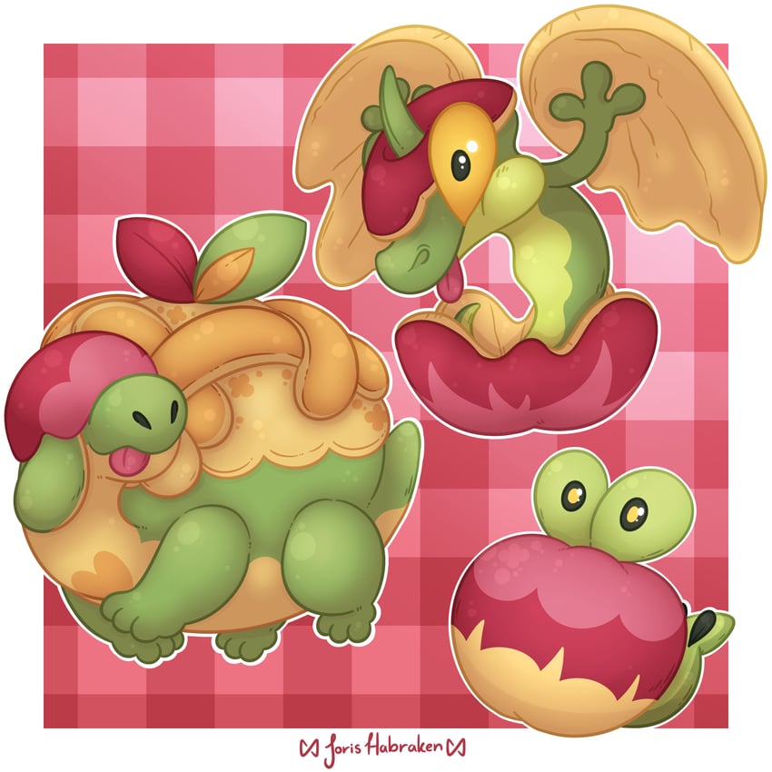 applin, appletun, and flapple (pokemon) drawn by joris_habraken