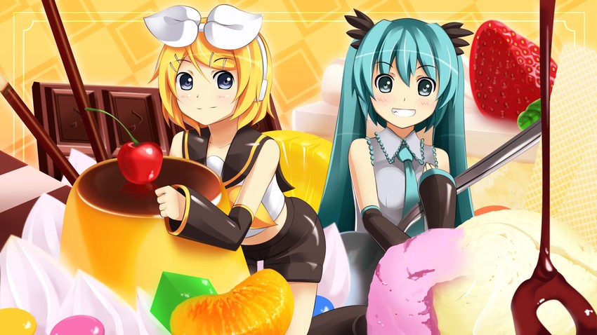 hatsune miku and kagamine rin (vocaloid) drawn by yakitori_(oni)