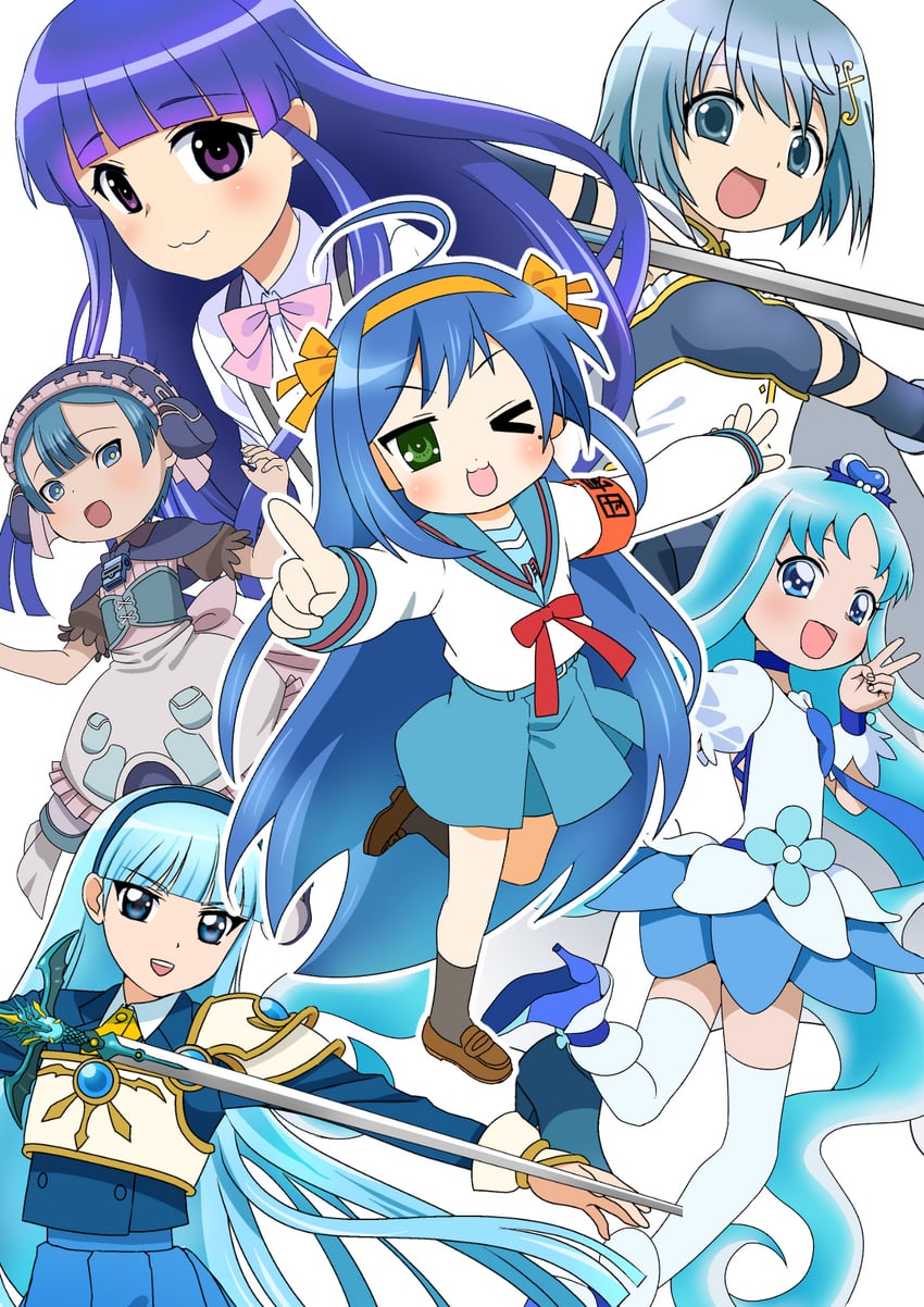 miki sayaka, suzumiya haruhi, izumi konata, furude rika, kurumi erika, and 3 more (mahou shoujo madoka magica and 7 more) drawn by mai_shokuniku