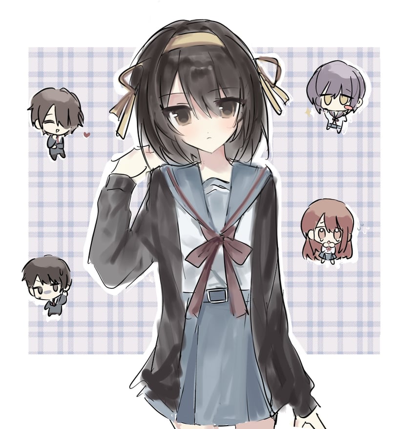 suzumiya haruhi, nagato yuki, asahina mikuru, kyon, and koizumi itsuki (suzumiya haruhi no yuuutsu) drawn by reiovo_o