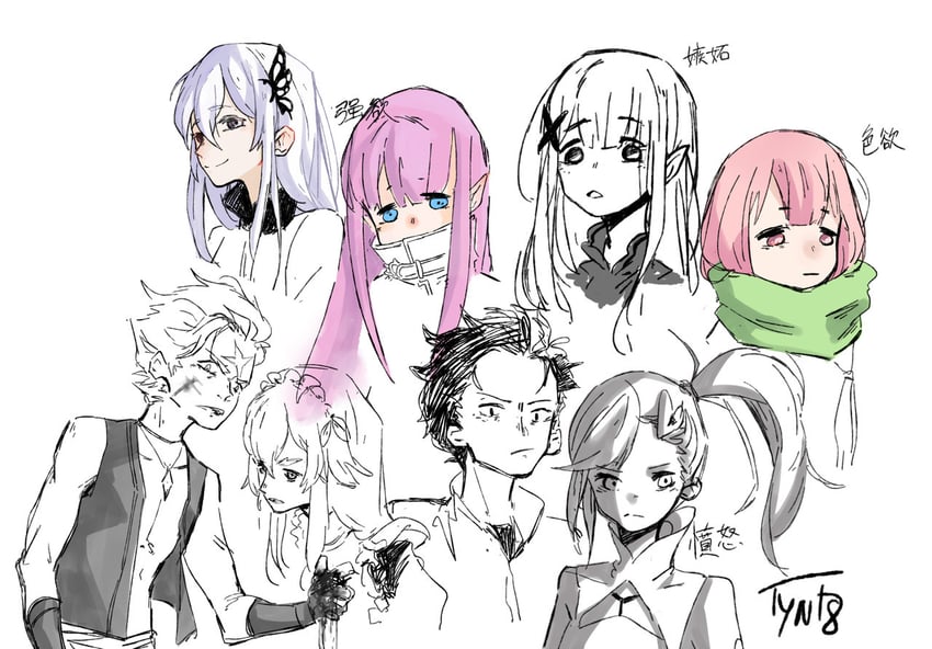natsuki subaru, echidna, frederica baumann, satella, garfiel tinsel, and 3 more (re:zero kara hajimeru isekai seikatsu) drawn by kurattes