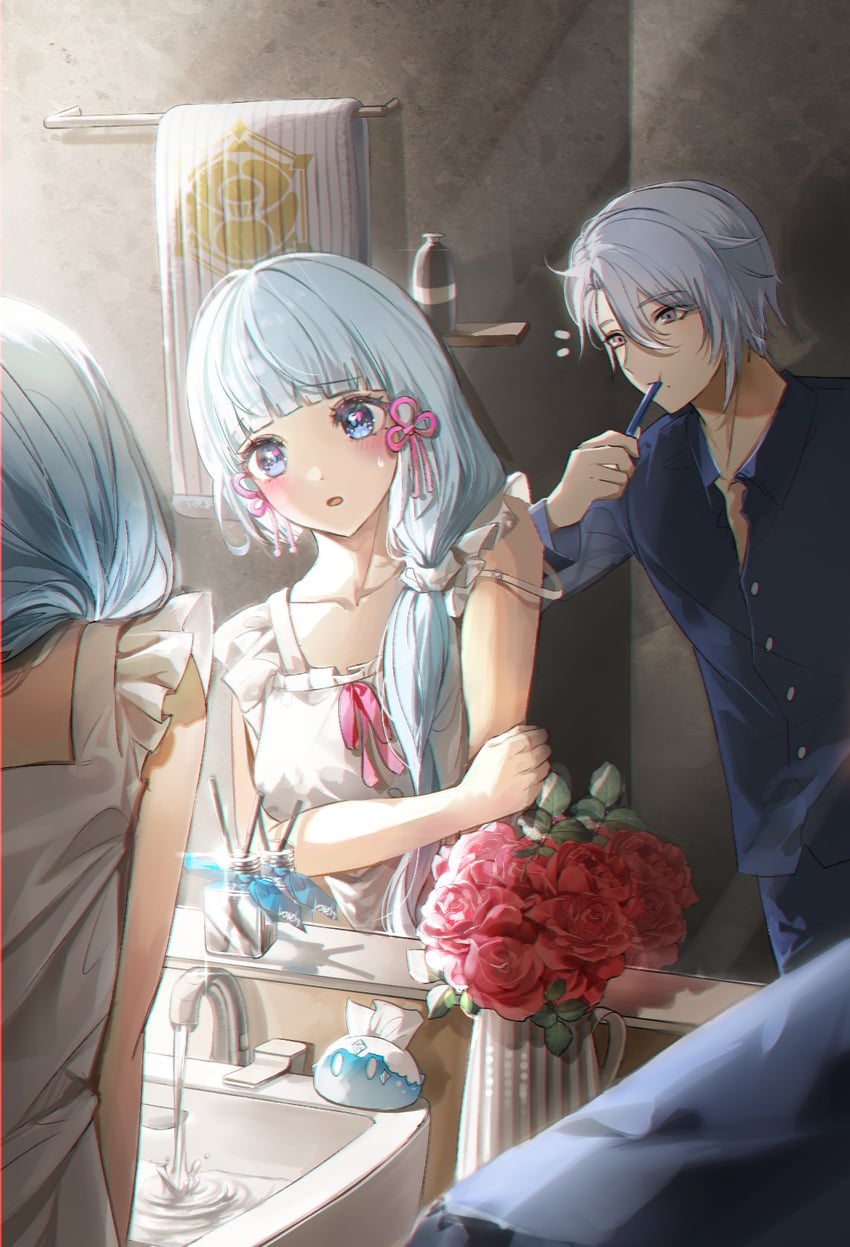 kamisato ayaka, slime, and kamisato ayato (genshin impact) drawn by isobe47