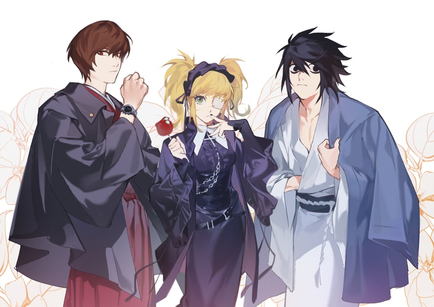 yagami light, l, and amane misa (death note) drawn by saaak57587044