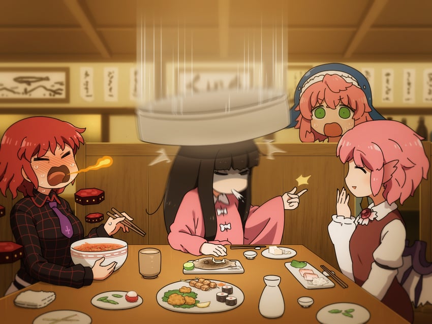 houraisan kaguya, mystia lorelei, horikawa raiko, and okunoda miyoi (touhou) drawn by shirosato