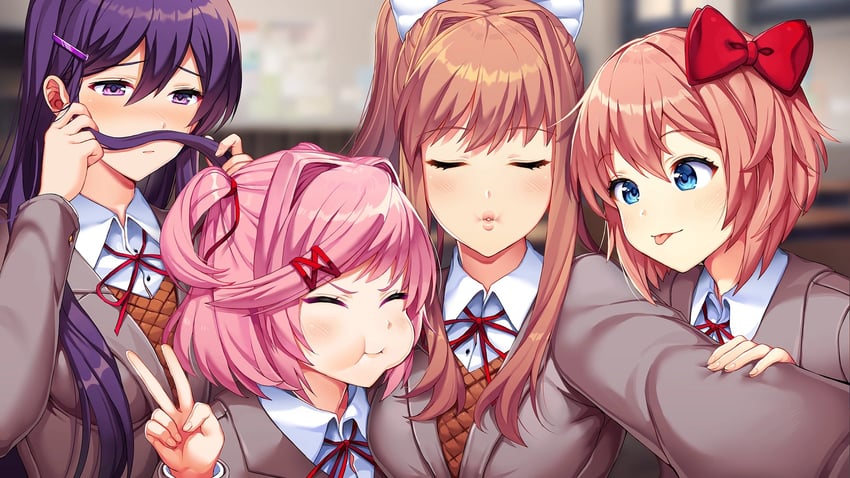 monika, natsuki, yuri, and sayori (doki doki literature club) drawn by lucidsky