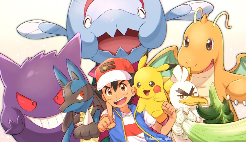 pikachu, ash ketchum, lucario, gengar, dragonite, and 2 more (pokemon and 1 more) drawn by chitozen_(pri_zen)