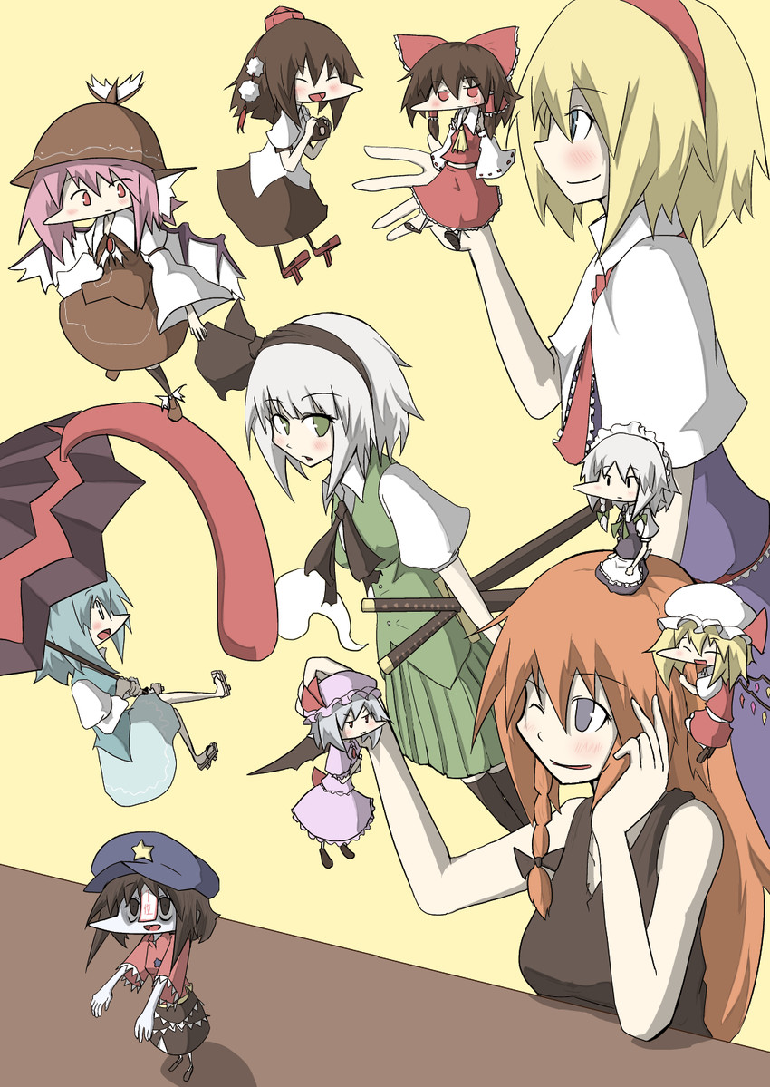 hakurei reimu, remilia scarlet, flandre scarlet, izayoi sakuya, konpaku youmu, and 6 more (touhou) drawn by asyura_kumo