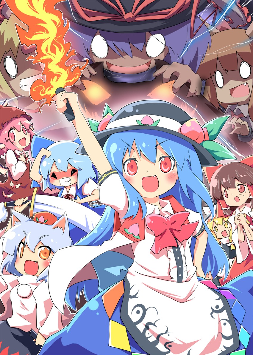 hakurei reimu, kirisame marisa, cirno, inubashiri momiji, hinanawi tenshi, and 4 more (touhou) drawn by ayakashi_(monkeypanch)