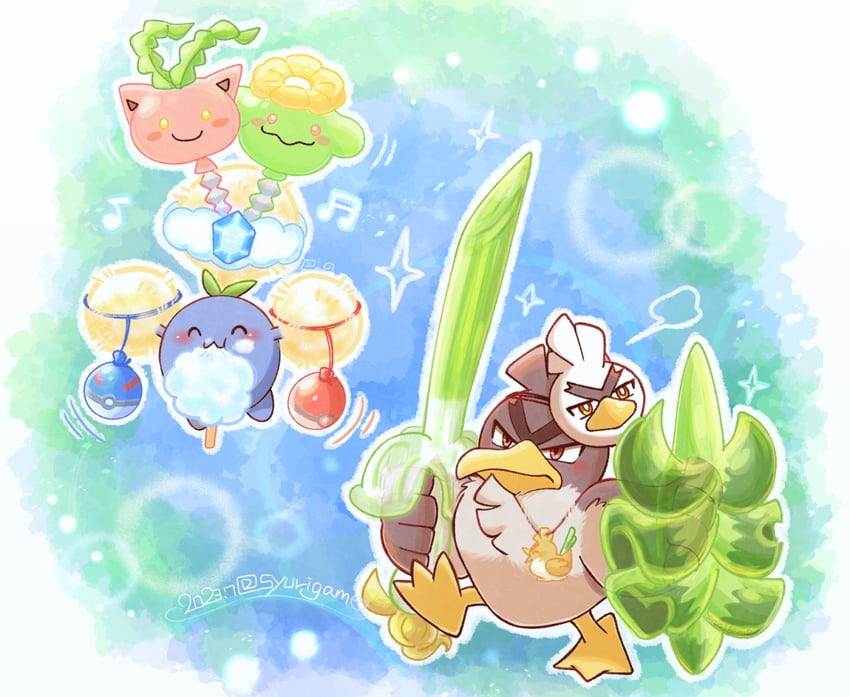 hoppip, sirfetch'd, jumpluff, farfetch'd, skiploom, and 1 more (pokemon) drawn by shuri_(syurigame)