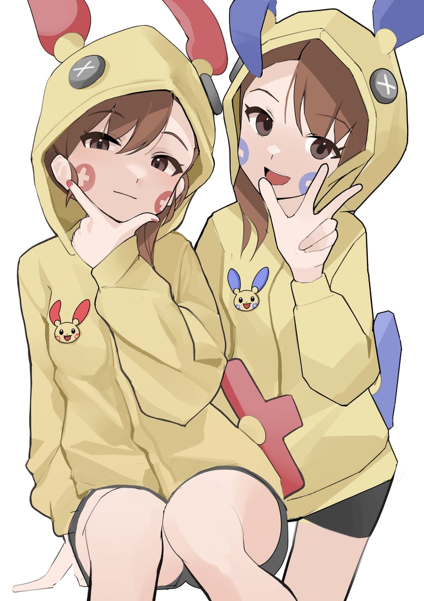 futami mami, futami ami, minun, and plusle (pokemon and 1 more) drawn by ch2haya_p