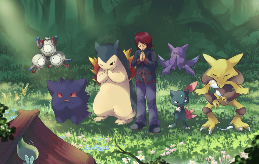 gengar, silver, celebi, typhlosion, sneasel, and 3 more (pokemon and 1 more) drawn by ibui_matsumoto