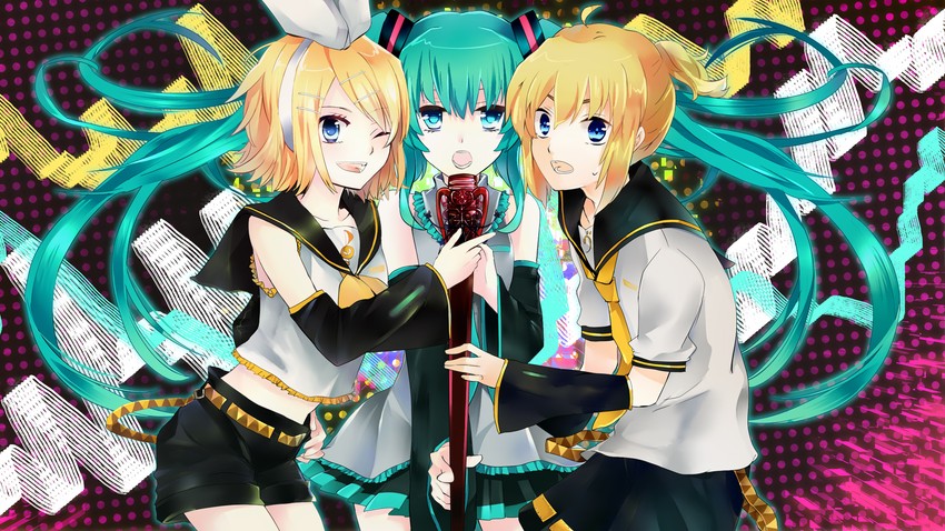 hatsune miku, kagamine rin, and kagamine len (vocaloid) drawn by kaisaki
