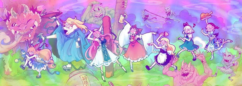hakurei reimu, kirisame marisa, konpaku youmu, ibuki suika, hoshiguma yuugi, and 3 more (touhou) drawn by joyfull_(terrace)