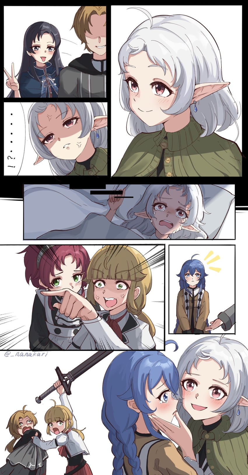 roxy migurdia, sylphiette, rudeus greyrat, norn greyrat, aisha greyrat, and 1 more (mushoku tensei) drawn by qiweiyan