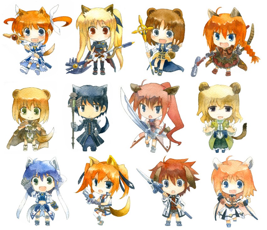 fate testarossa, takamachi nanoha, yagami hayate, raising heart, vita, and 19 more (lyrical nanoha and 3 more) drawn by kouno_hikaru