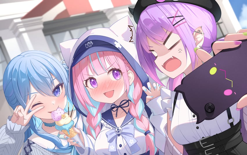 hoshimachi suisei, minato aqua, and tokoyami towa (hololive) drawn by keikei_(kitty_colors)