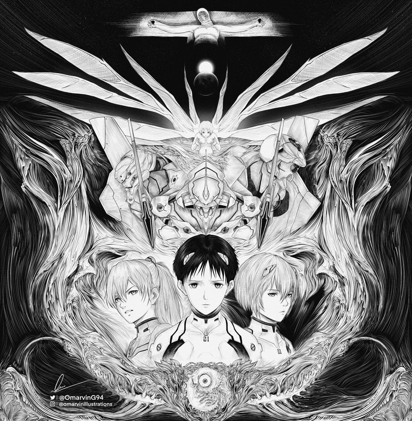 souryuu asuka langley, ayanami rei, ikari shinji, eva 02, eva 01, and 3 more (neon genesis evangelion and 1 more) drawn by marvin_(omarvin)