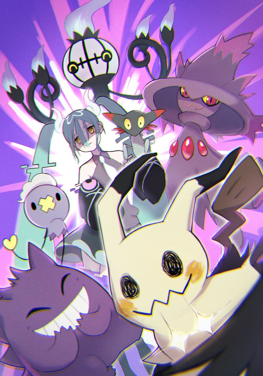 hatsune miku, gengar, mimikyu, chandelure, drifloon, and 3 more (pokemon and 2 more) drawn by be_syake