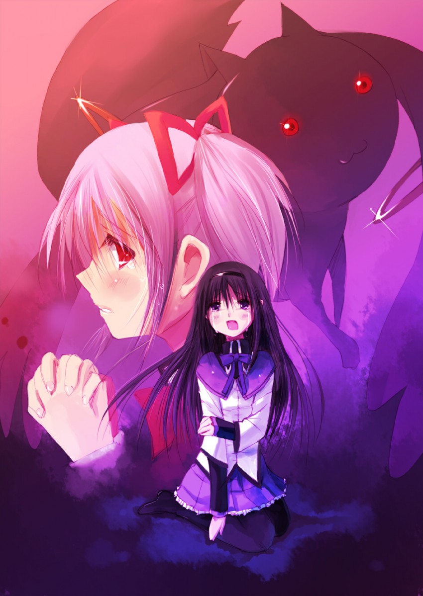 akemi homura, kaname madoka, and kyubey (mahou shoujo madoka magica) drawn by okotan_(dewdrops)