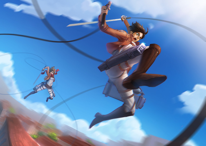 mikasa ackerman and eren yeager (shingeki no kyojin) drawn by renyu1012