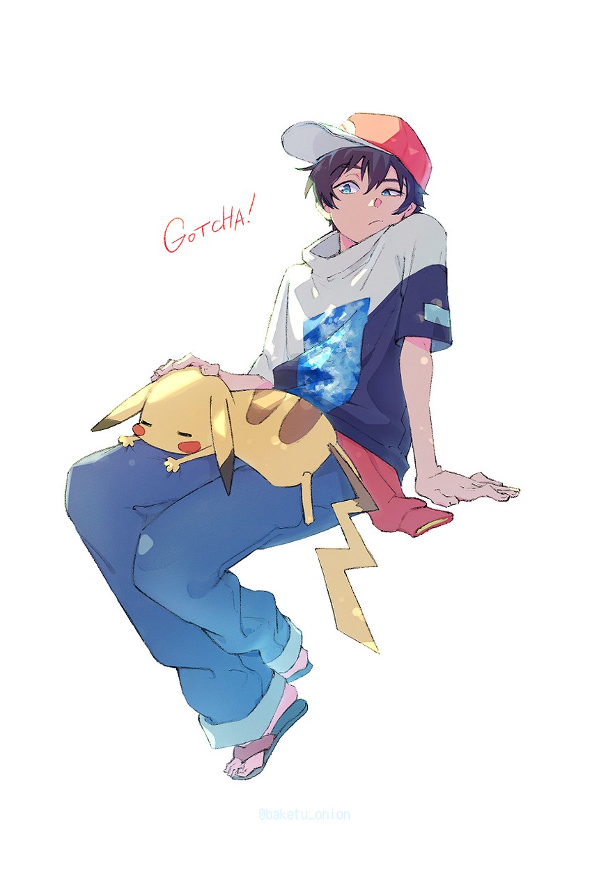 pikachu and gotcha! boy (pokemon and 1 more) drawn by baketu_onion