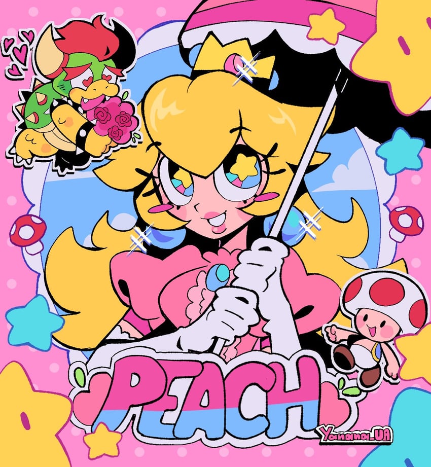 princess peach, bowser, and toad (mario) drawn by yanana_ua
