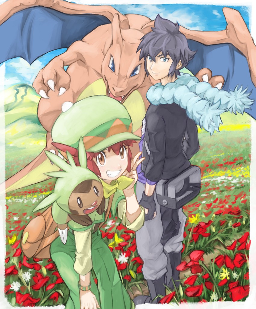 charizard, chespin, alain, and mairin (pokemon and 1 more) drawn by ikki_(degutaro_)