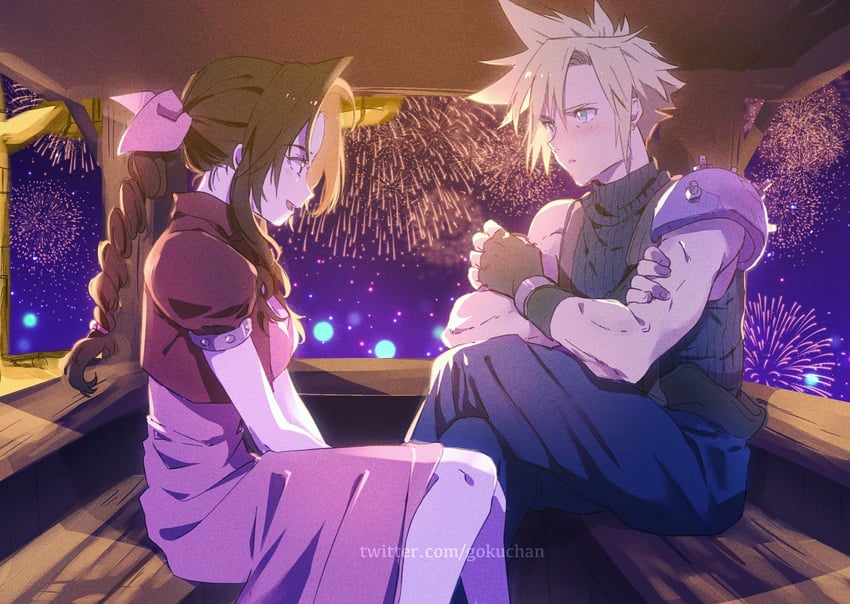 cloud strife and aerith gainsborough (final fantasy and 1 more) drawn by goku-chan