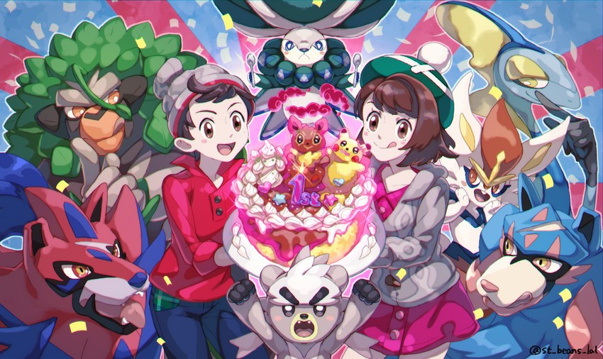 pikachu, gloria, eevee, victor, cinderace, and 6 more (pokemon and 1 more) drawn by komame_(st_beans)