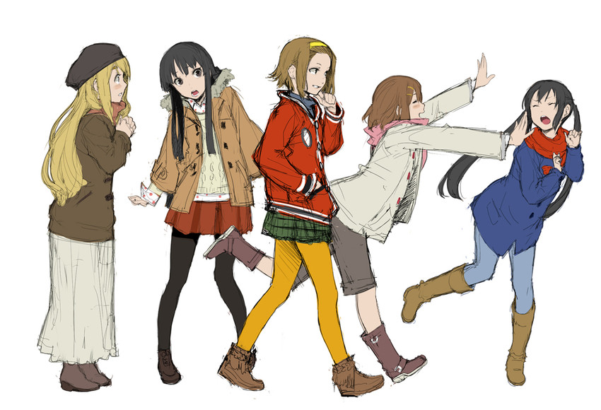 akiyama mio, nakano azusa, hirasawa yui, tainaka ritsu, and kotobuki tsumugi (k-on!) drawn by enami_katsumi