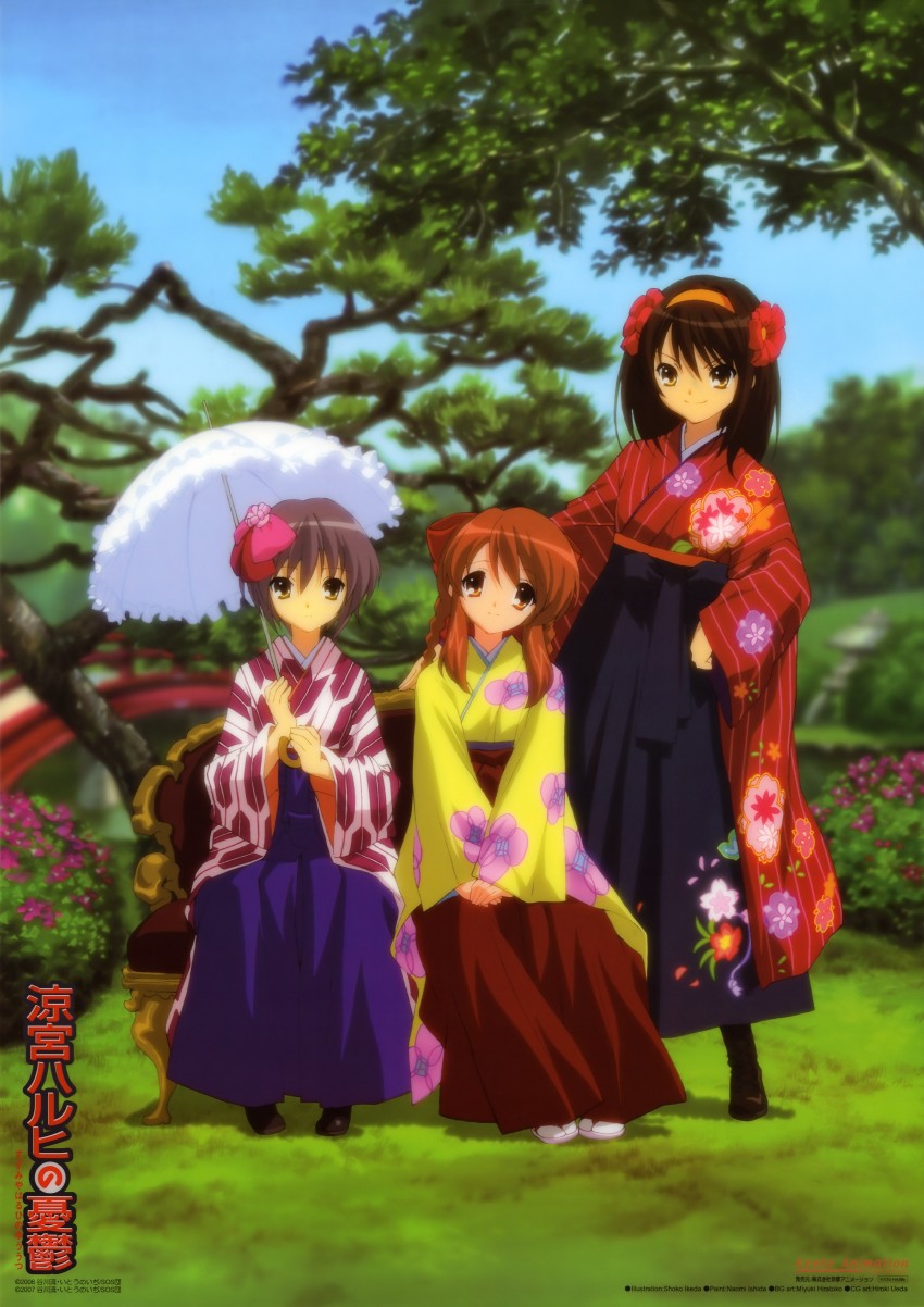 suzumiya haruhi, nagato yuki, and asahina mikuru (suzumiya haruhi no yuuutsu) drawn by ikeda_shouko