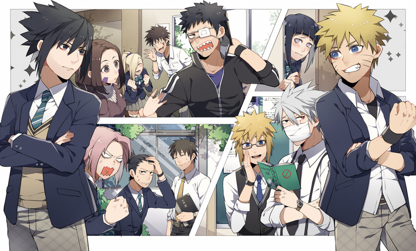haruno sakura, uzumaki naruto, hyuuga hinata, uchiha sasuke, yamanaka ino, and 6 more (naruto and 1 more) drawn by kiragera