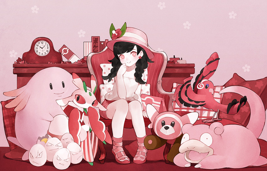 selene, slowpoke, chansey, lurantis, oricorio, and 2 more (pokemon and 1 more) drawn by baiguiyu