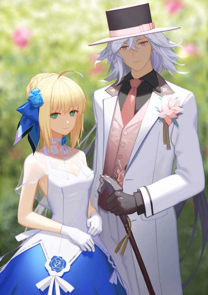 artoria pendragon, saber, and merlin (fate and 2 more) drawn by pisu