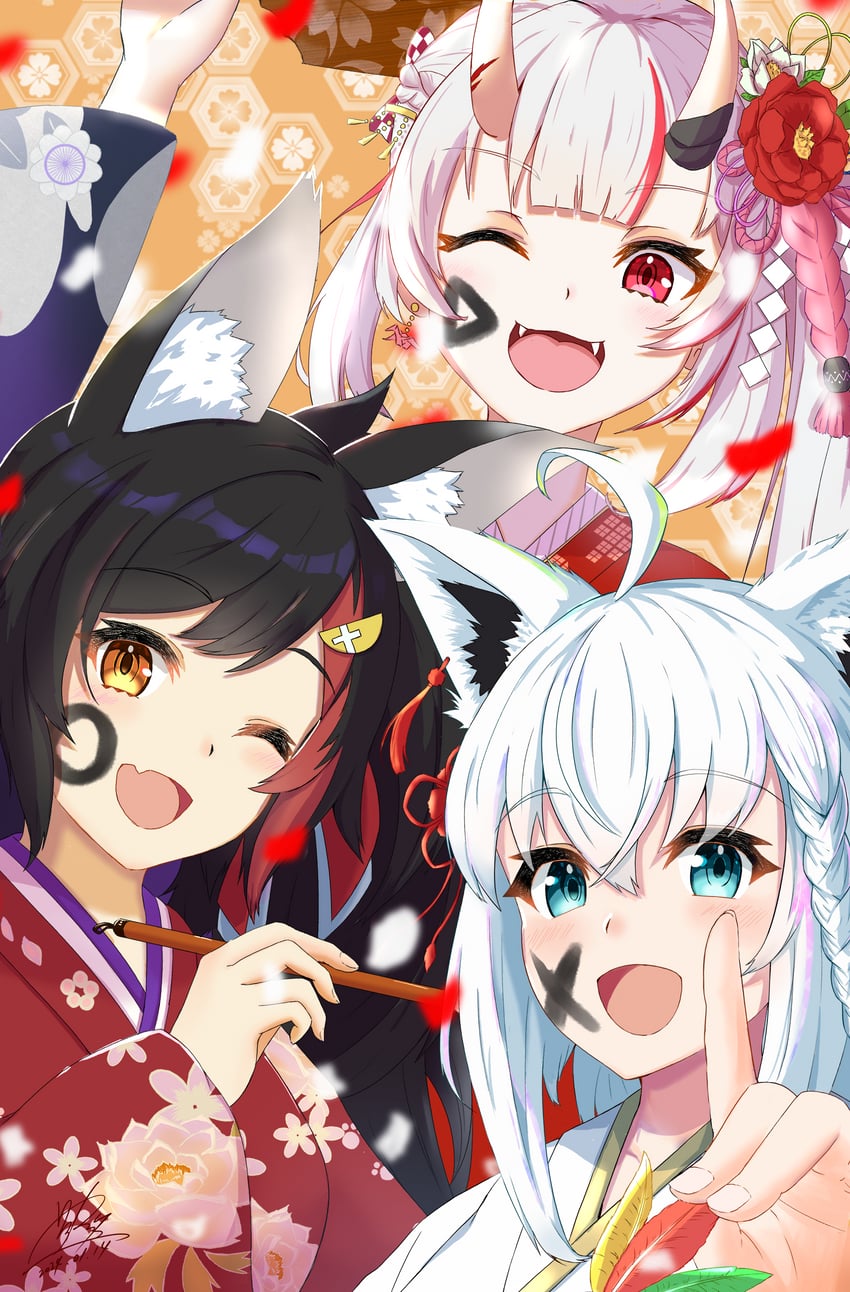 shirakami fubuki, ookami mio, and nakiri ayame (hololive) drawn by satou_kazunori