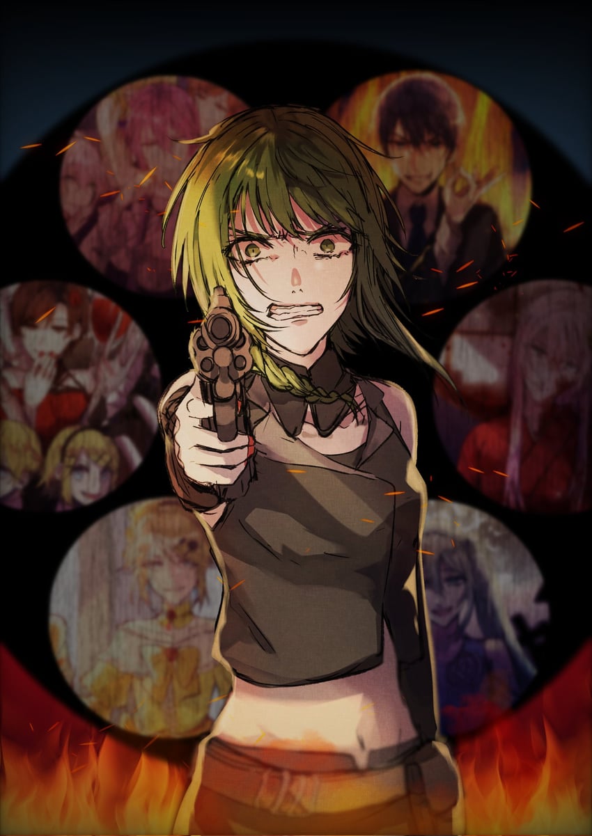 gumi and nemesis sudou (vocaloid and 2 more) drawn by warabi_(danngo-mitarasi)