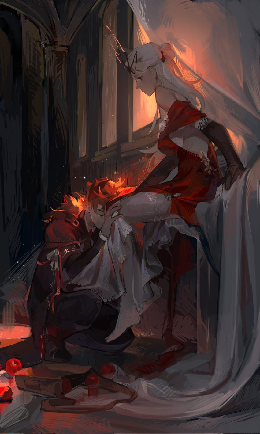 tartaglia and signora (genshin impact) drawn by pneech